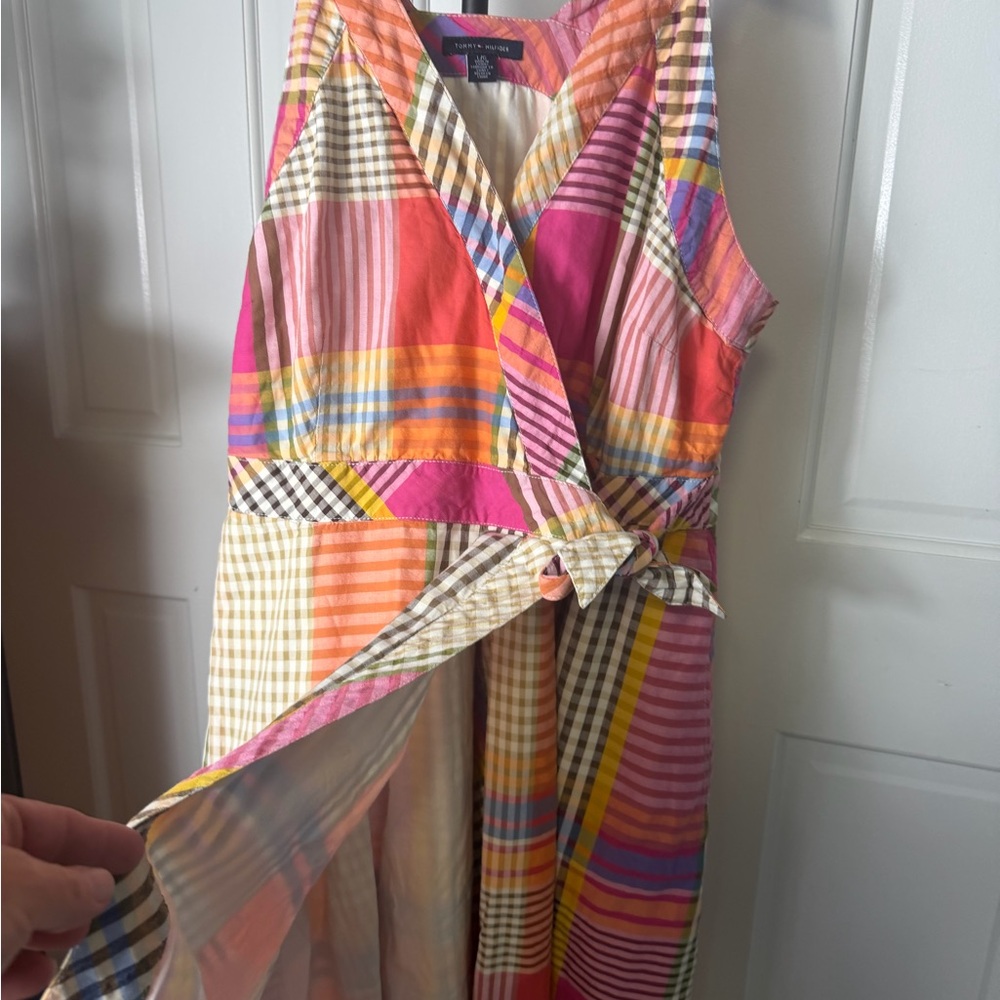 Multicolor Plaid Madras Wrap Sundress - Pink & Orange Size Large Pockets - Picture 6 of 12
